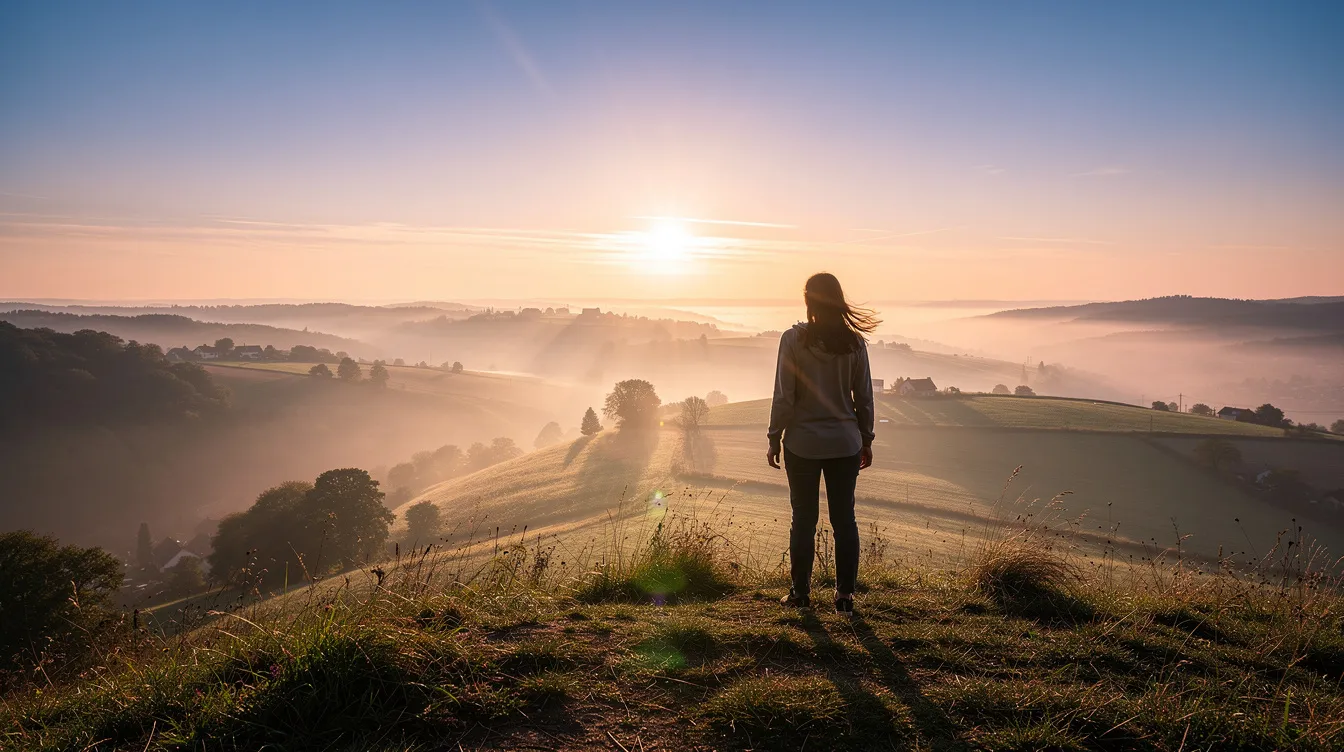 Une personne se tient au sommet d'une colline, contemplant une vaste vallée à l'aube, symbolisant la prise de recul et la clarté face aux défis de la vie. Cette image évoque l'importance de lâcher prise et de trouver un équilibre pour mieux gérer le stress au travail et dans la vie quotidienne.