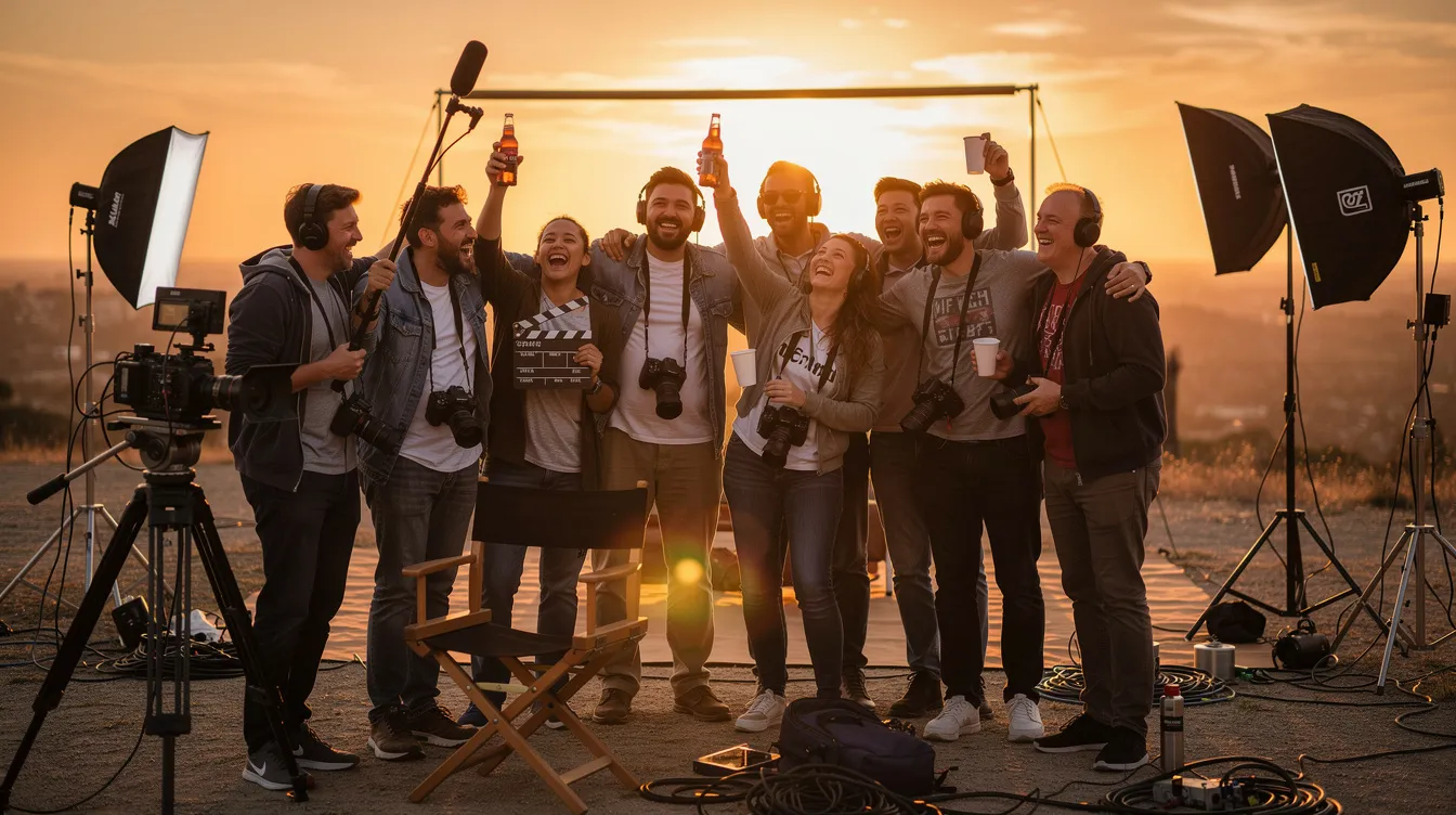 Eine fröhliche Filmcrew feiert nach dem Drehschluss auf einem Außenset, während die Sonne am Horizont untergeht. Die Menschen lachen und genießen den Moment der Zusammenarbeit und der erfolgreichen Filmproduktion in einer malerischen Kulisse.