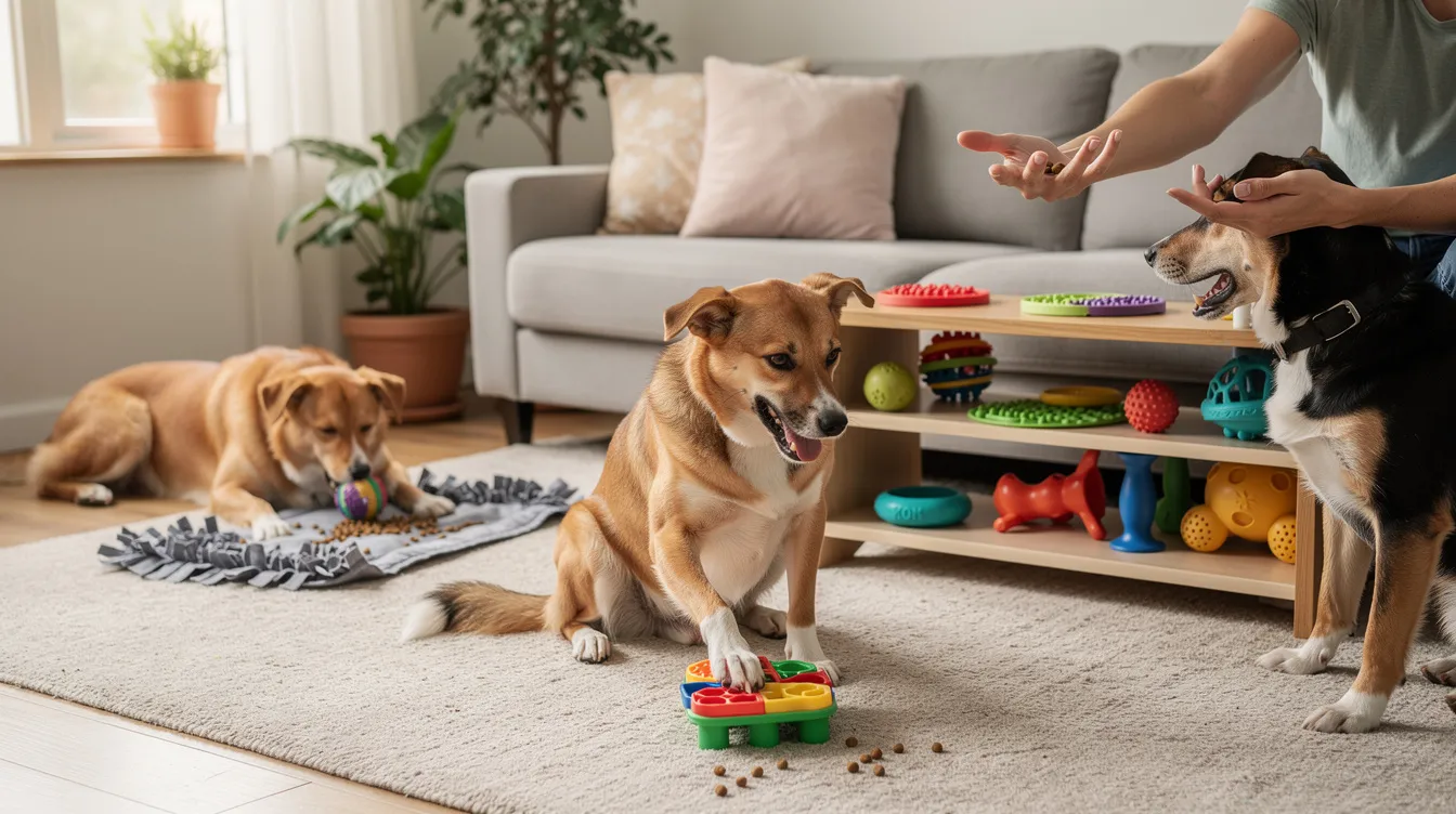 The image depicts a playful dog engaging in various mental enrichment activities, such as solving a puzzle toy and exploring a scent trail, showcasing the importance of mental stimulation for dogs. Surrounding the dog are interactive games and treat-dispensing toys that promote problem-solving skills and keep the dog entertained.