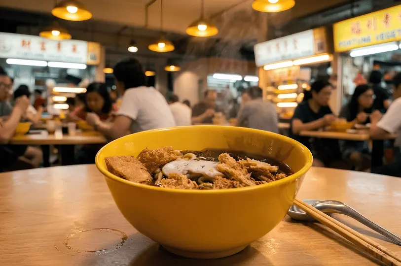 A close-up of a vibrant yellow bowl filled with dark noodle soup and tofu puffs, set against the blurred, bustling backdrop of a warmly lit food court inside Fortune Centre.