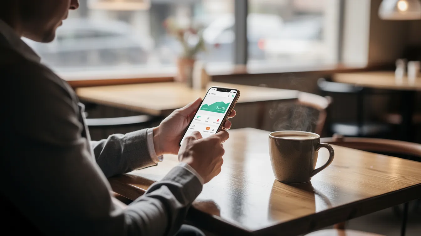 A person is sitting at a café table, using a smartphone banking app to manage their Spanish bank account while enjoying a cup of coffee beside them. The scene highlights the convenience of online banking for day-to-day transactions like paying bills and transferring money.
