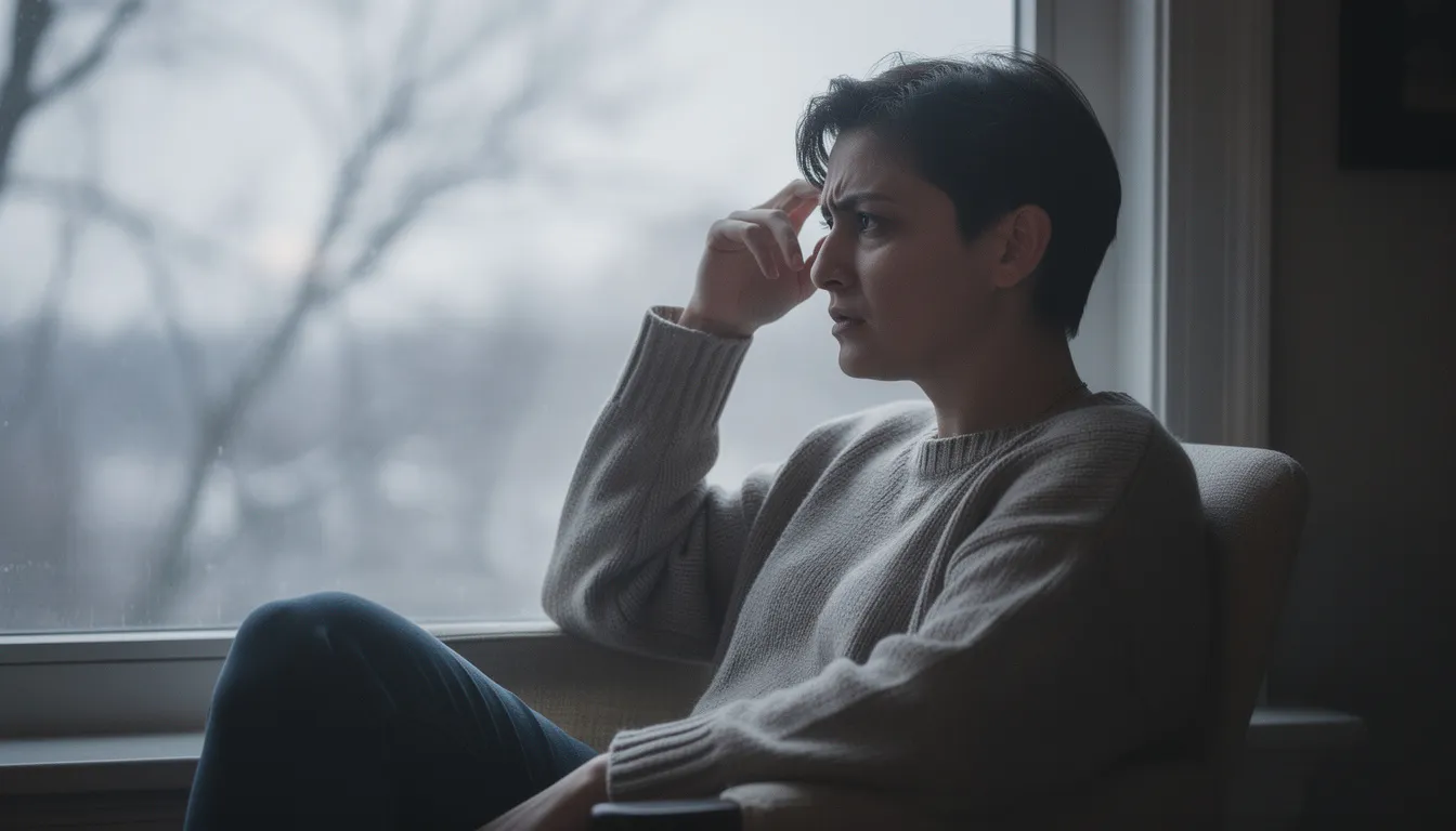 A person sits thoughtfully near a window, gazing at the gray winter sky, embodying a deep sense of mental exhaustion caused by chronic stress and feeling drained from the demands of everyday life. Their tired expression reflects the symptoms of burnout and depression, highlighting the importance of self-care and seeking treatment for mental health conditions.
