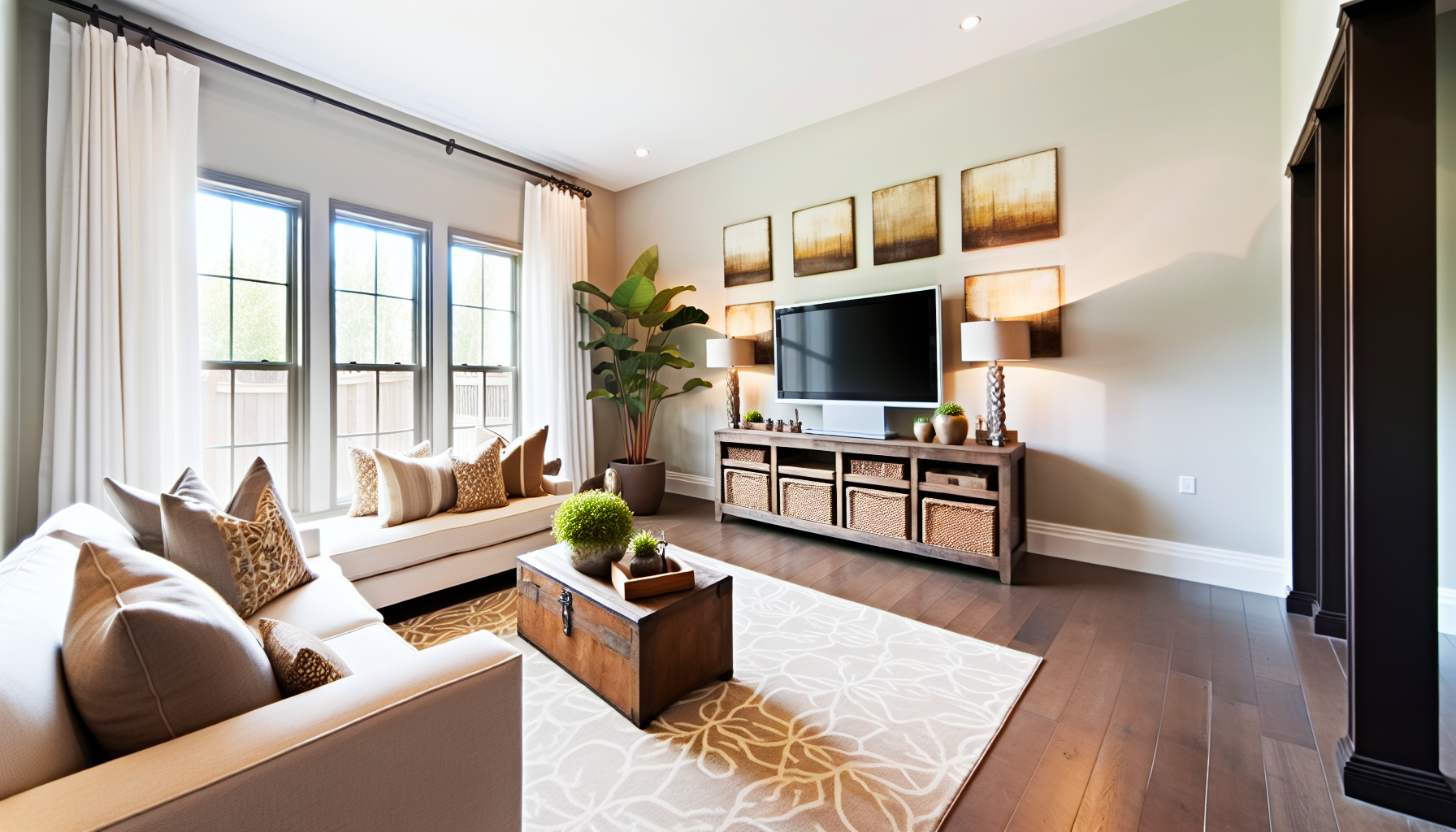 A beautifully staged living room with natural light and inviting decor