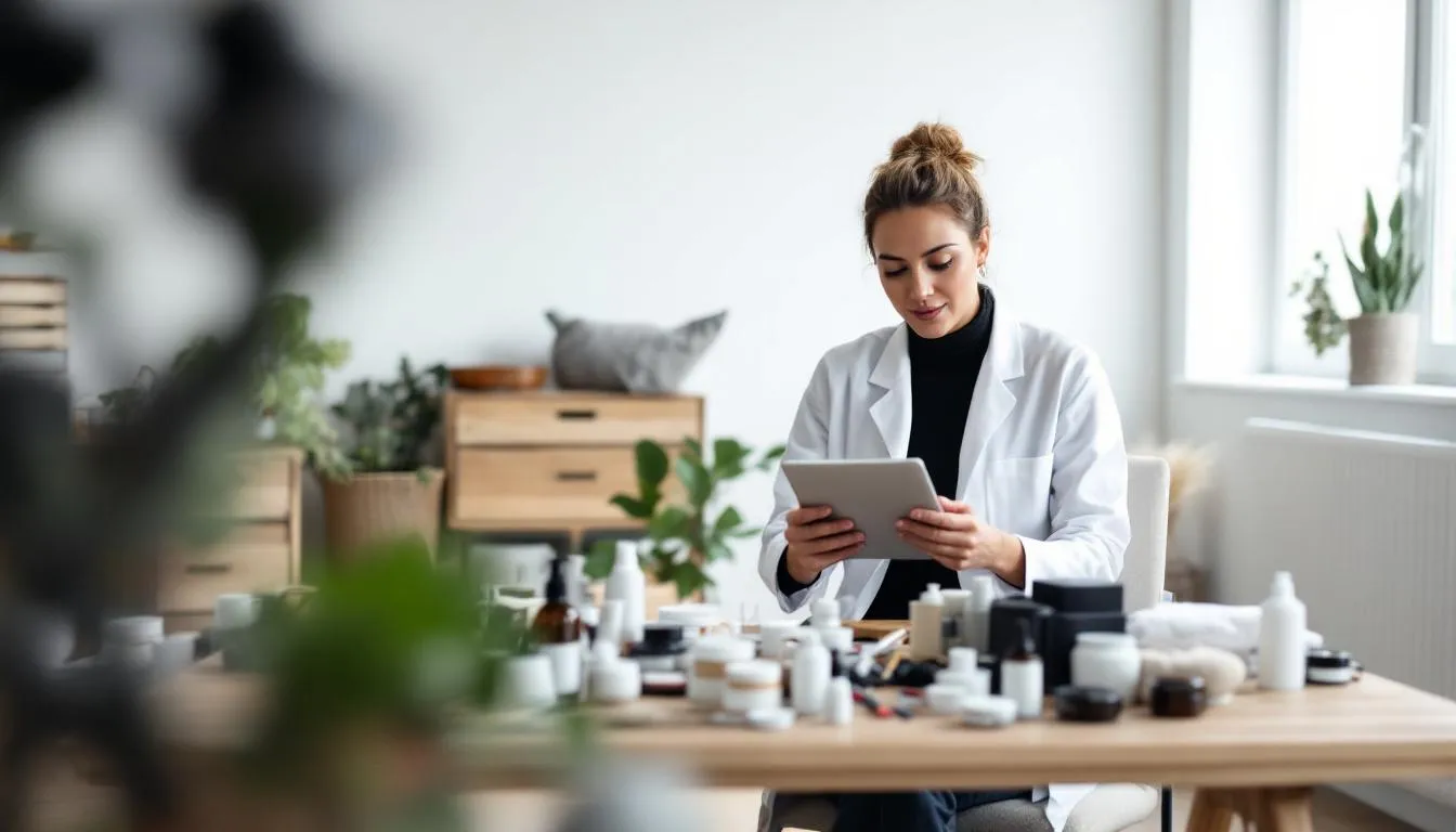 Una estilista profesional consulta su tablet mientras prepara productos para un tratamiento personalizado en un salón de belleza, utilizando software de gestión para optimizar la experiencia del cliente y mejorar la fidelización.