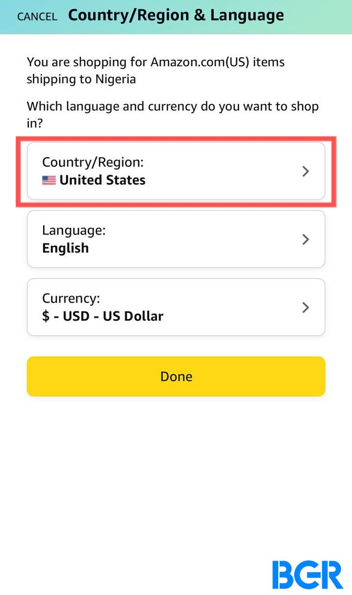 Change region on Amazon mobile app