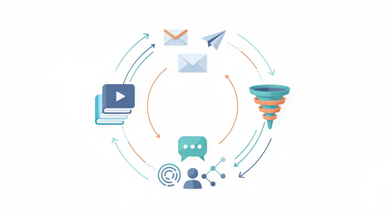 The image features an abstract flat illustration showcasing interconnected icons that symbolize various elements of an online business, including online courses, email marketing, sales funnels, and community features. This visual representation emphasizes the unified system of tools and resources available for creating and managing digital products, such as those offered by the Kajabi platform.