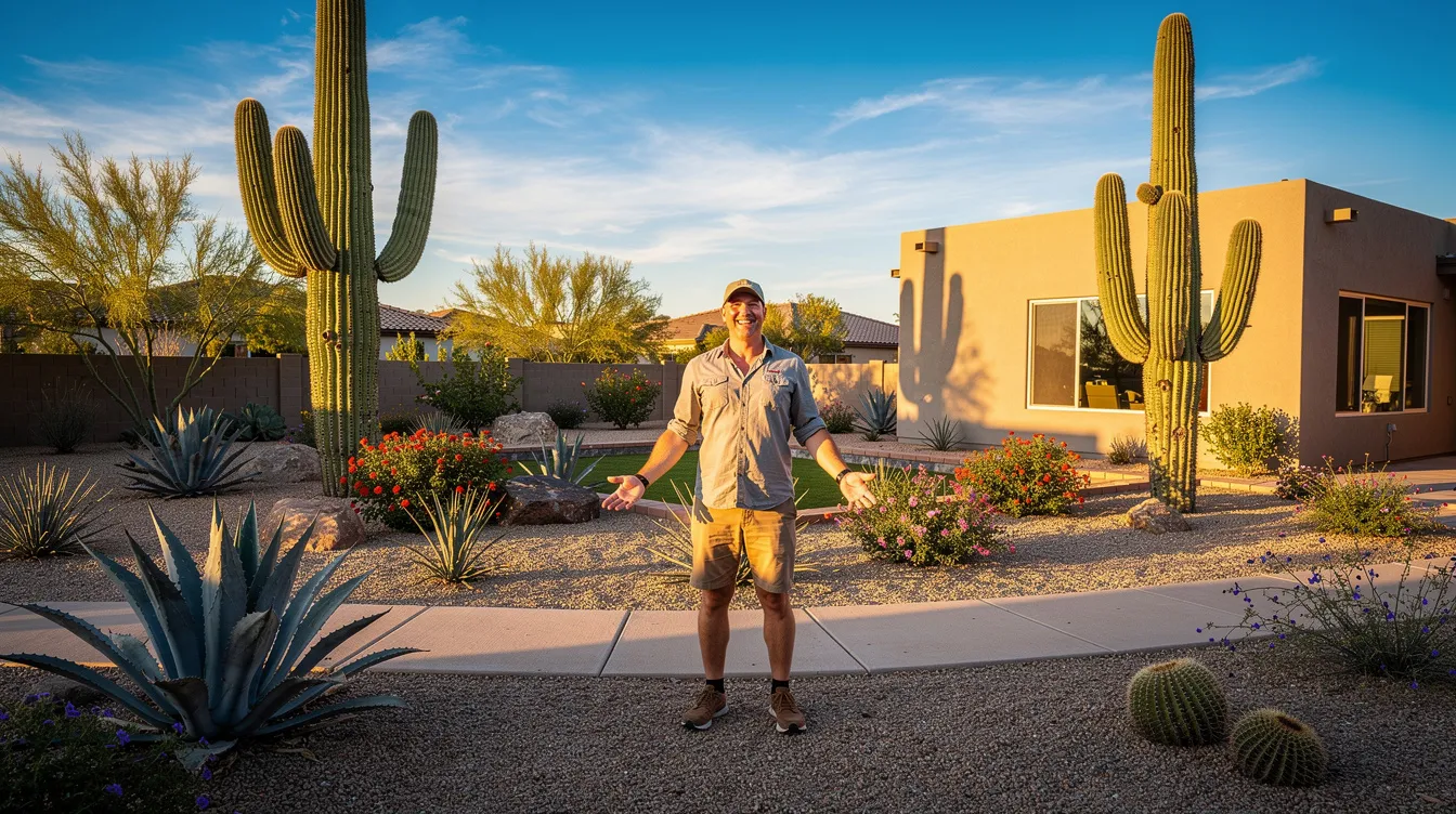 The image shows a happy customer standing in their beautifully designed outdoor space in Arizona, surrounded by vibrant landscape plants and softscape elements, reflecting the principles of landscape design. The yard features a mix of trees, shrubs, and flowers, creating a welcoming atmosphere that showcases the homeowner's personal style and the expertise of a landscape designer.