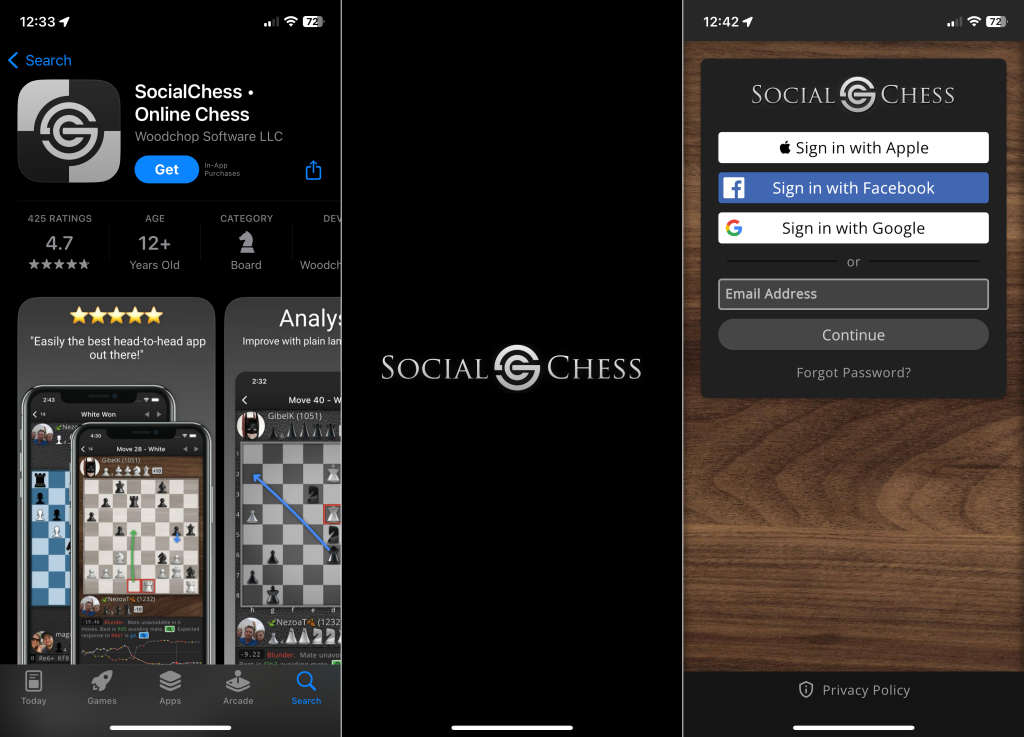 Social Chess app screenshots on an iPhone 