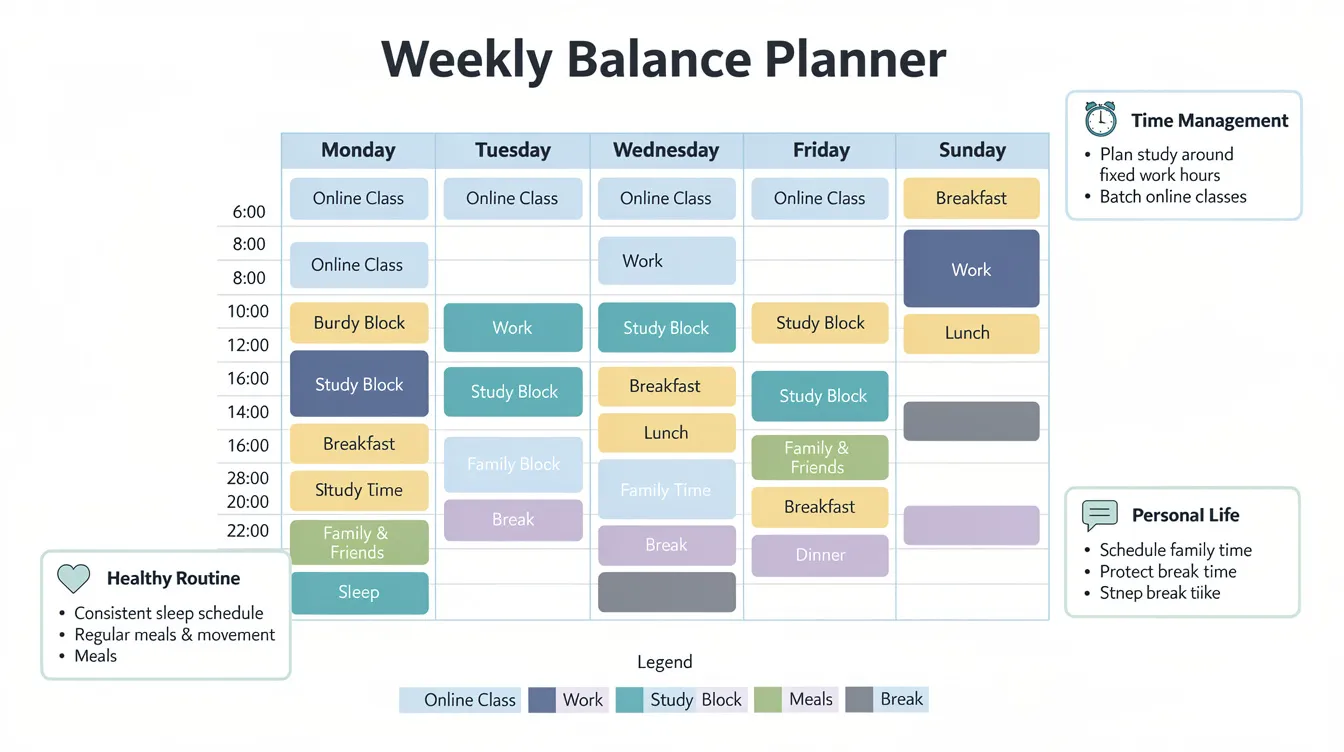 This infographic presents a practical weekly planner designed for college students balancing online courses, work, and personal life. It features a clear layout with designated time blocks for study sessions, job hours, meals, sleep, and family time, emphasizing effective time management and self-care for maintaining mental health and academic performance.