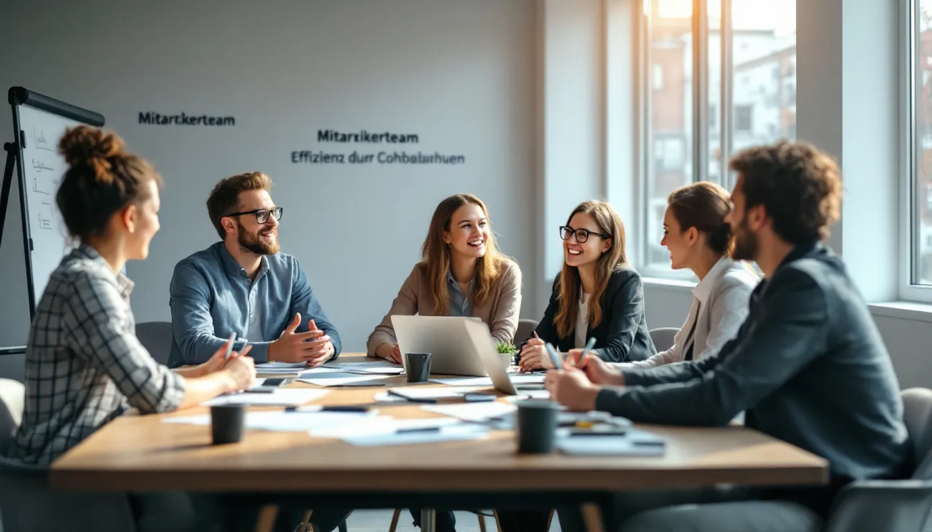 In der Abbildung diskutiert ein Team von Mitarbeitern angeregt über die Themen Arbeitsproduktivität und Arbeitsergebnisse, wobei sie verschiedene Faktoren und Kennzahlen zur Steigerung der Produktivität in ihrem Unternehmen besprechen. Die Atmosphäre ist kooperativ und zielorientiert, während sie Strategien zur Verbesserung der Arbeitsleistung und Effizienz im Arbeitsprozess entwickeln.