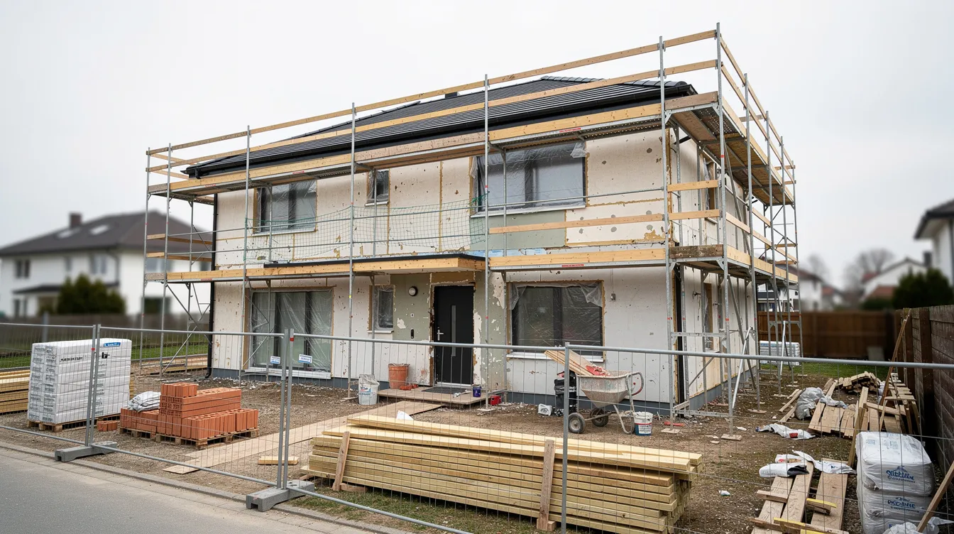 The image depicts a residential property undergoing renovation, with scaffolding erected around the structure and various construction materials scattered nearby. This scene highlights the ongoing improvements to the home, which may impact its property value and could be financed through options like a home equity line or a home equity loan.