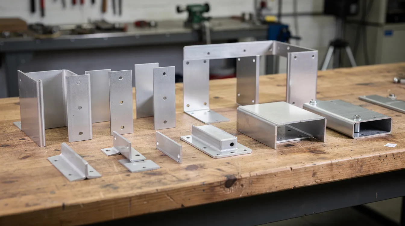 An array of bent sheet metal parts, including brackets, enclosures, and flanged components, is neatly arranged on a workbench, showcasing various bending techniques and precise angles achieved through the sheet metal bending process. The materials displayed, such as stainless steel and carbon steel, highlight the meticulous attention to tight tolerances and structural integrity in this sheet metal fabrication project.