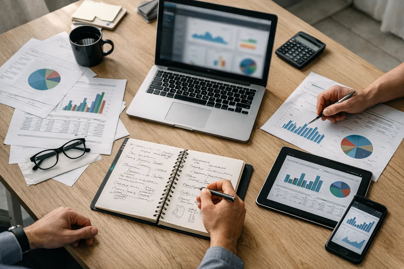 Marketing team planning digital strategy using analytics reports and devices