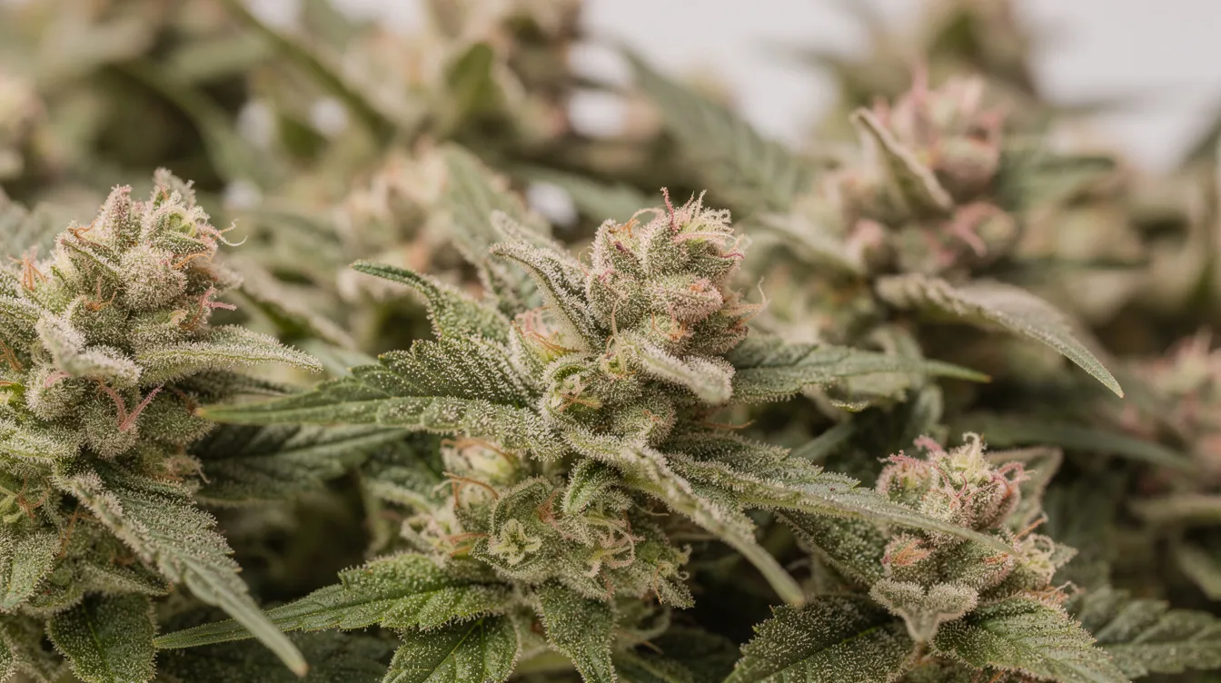 A close-up photograph showcases vibrant hemp flower buds featuring a mix of green and pink tones, adorned with a frosty layer of trichomes. The buds exhibit a delicate texture and an enticing aroma, hinting at the complex flavor profile and uplifting effects associated with the pink panther strain.