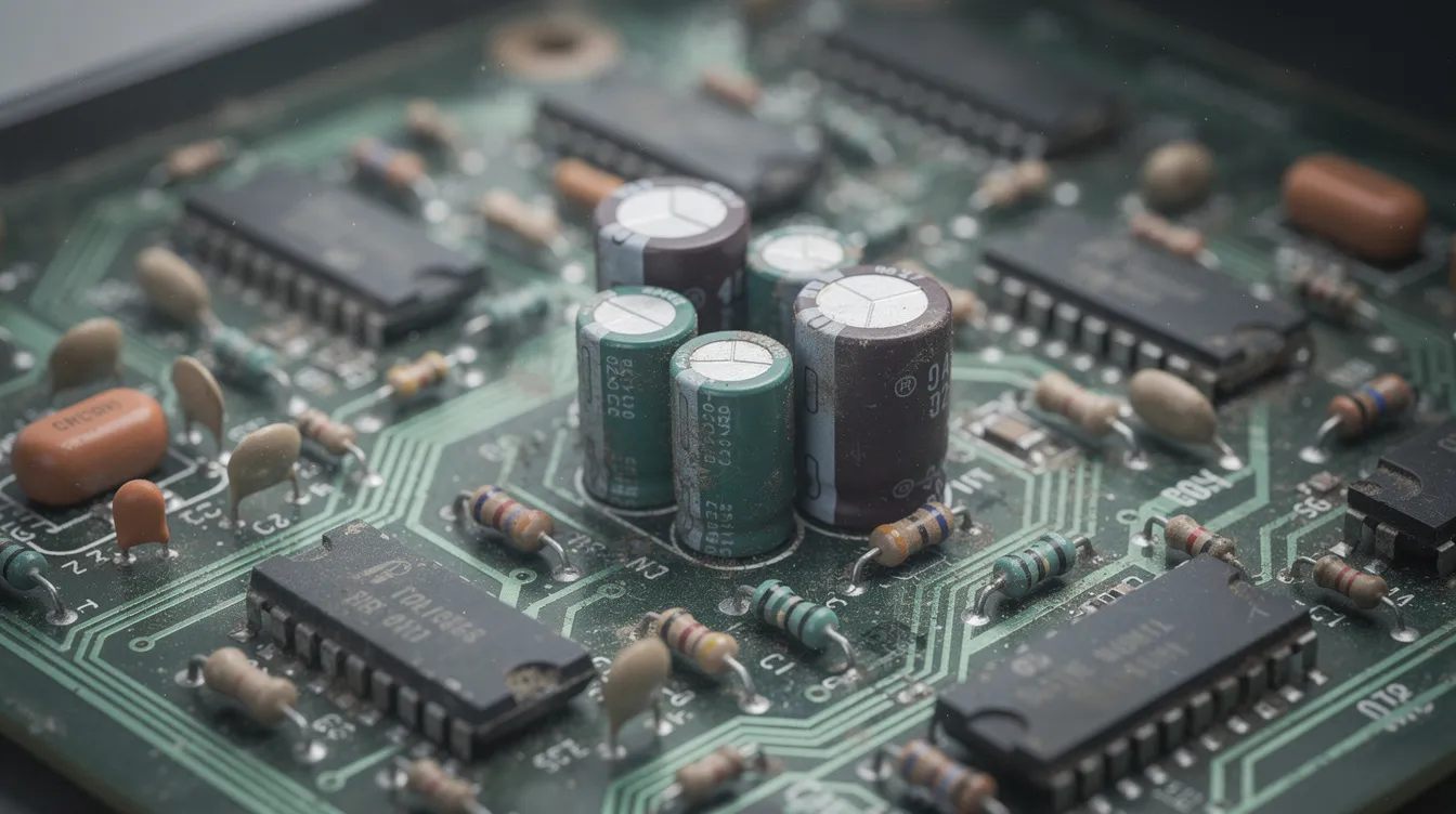 A close-up photograph of a vintage gaming console circuit board, featuring various electronic components and capacitors, highlights the intricate details essential for retro console restoration. This image showcases the complexity of repairing and upgrading retro gaming systems like Nintendo, Sega, and Atari, emphasizing the importance of capacitor replacement in maintaining their functionality.