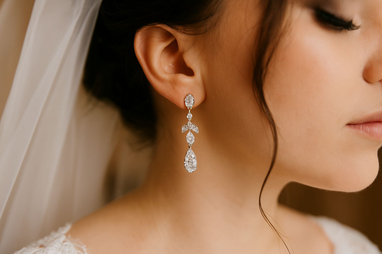 Bride with long luxurious wedding earrings