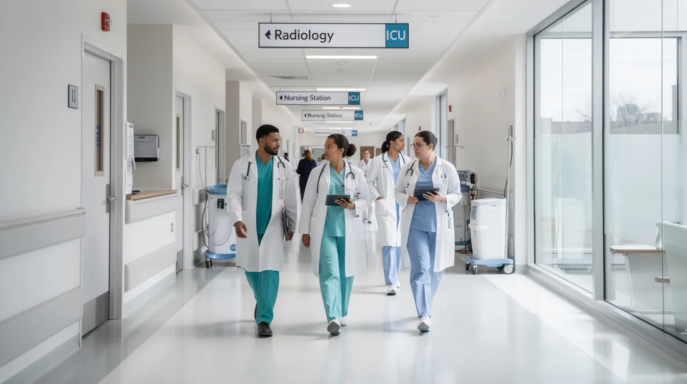 a27511fd 6d4e 442a acb6 6c2617b58ac5 A bustling hospital corridor showcases doctors and nurses walking briskly, reflecting a modern healthcare facility's interior. The scene highlights the efficient use of medical equipment and the importance of healthcare costs in maintaining financial stability within such institutions.