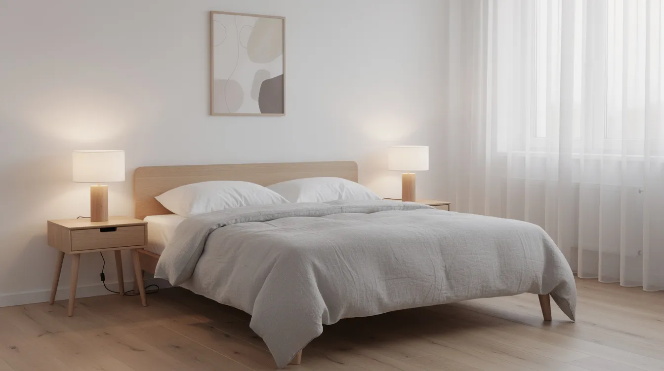 I det skandinaviska sovrummet finns en säng med matchande sängbordslampor på varsin sida, som ger ett mjukt ljus och skapar en mysig atmosfär. Lamporna är designade med stil och funktion i åtanke, vilket gör dem till en perfekt ljuskälla för rummet.