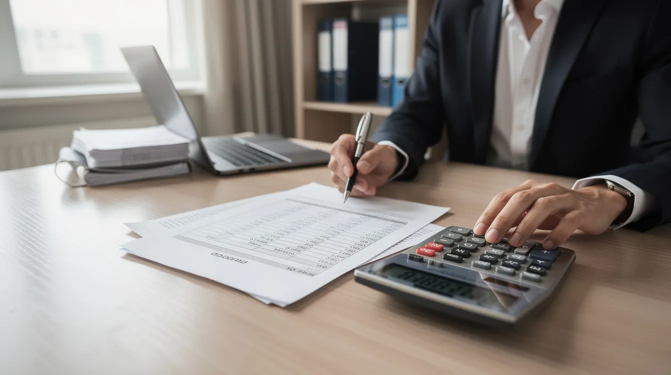 A business owner is sitting at a desk, reviewing financial paperwork with a calculator nearby, as they assess their eligibility for the Employee Retention Credit (ERC) and its potential tax implications for their business. The scene captures a moment of careful evaluation, highlighting the importance of understanding payroll costs and qualifying wages for maximizing financial benefits.