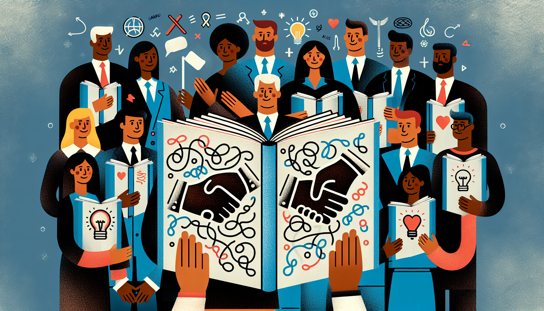 Illustration of a diverse group of employees with a handbook