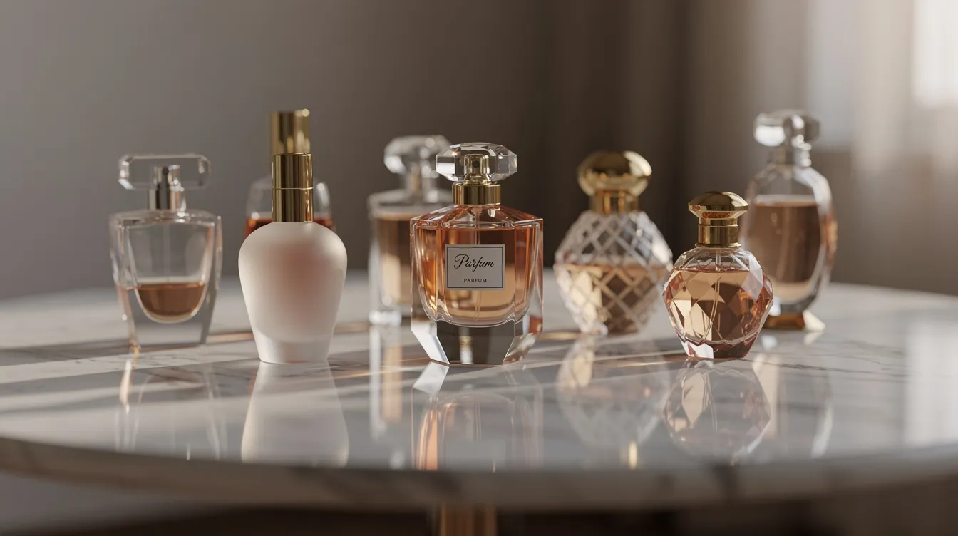 Auf einem Marmortisch stehen verschiedene elegante Parfumflakons, die im warmen Licht sanft schimmern. Die Flakons variieren in Form und Farbe, was eine ansprechende und luxuriöse Atmosphäre schafft.