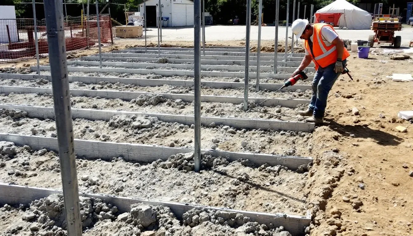 L'image montre l'installation de pieux vissés pour les fondations d'un solarium, illustrant un projet de construction qui permettra de créer un espace lumineux et confortable, idéal pour profiter des saisons. Les travaux sont réalisés par des professionnels, garantissant la durabilité et la qualité de la structure.