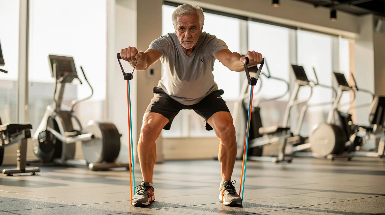 An older adult is engaging in resistance training with bands in a bright gym, focusing on preserving muscle mass and enhancing overall muscle health. This exercise routine supports their weight management and helps prevent muscle loss, contributing to their active weight loss journey.