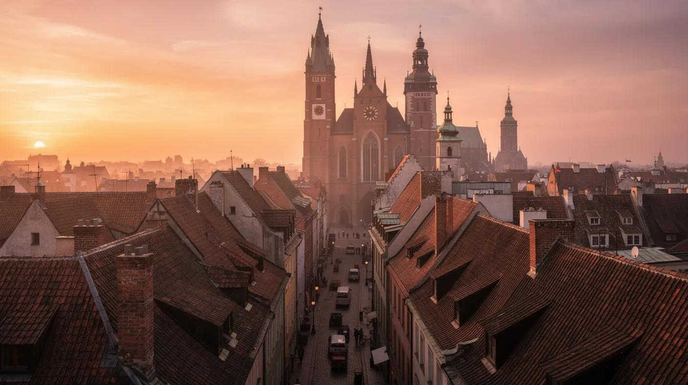 Vista panorâmica da cidade antiga de Cracóvia ao pôr do sol, destacando as torres góticas das igrejas e os telhados medievais, com o Rio Vístula ao fundo, simbolizando a rica história e cultura polonesa. A imagem captura a beleza do centro histórico, um dos principais pontos turísticos da Polônia.