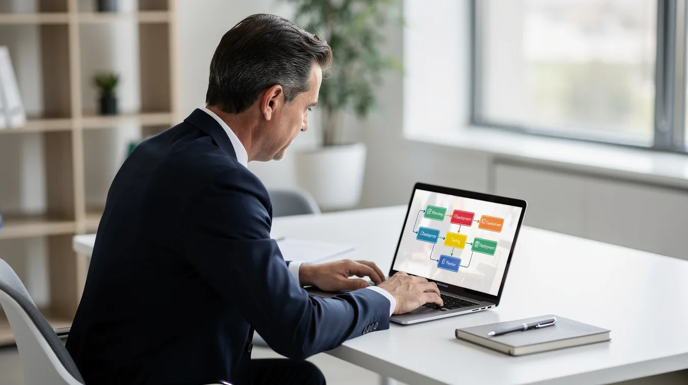 An executive is focused on reviewing a workflow diagram displayed on a laptop screen in a clean office environment, emphasizing the importance of strategic planning in podcast production services. The setting reflects a professional atmosphere conducive to developing successful podcast strategies and enhancing production quality.