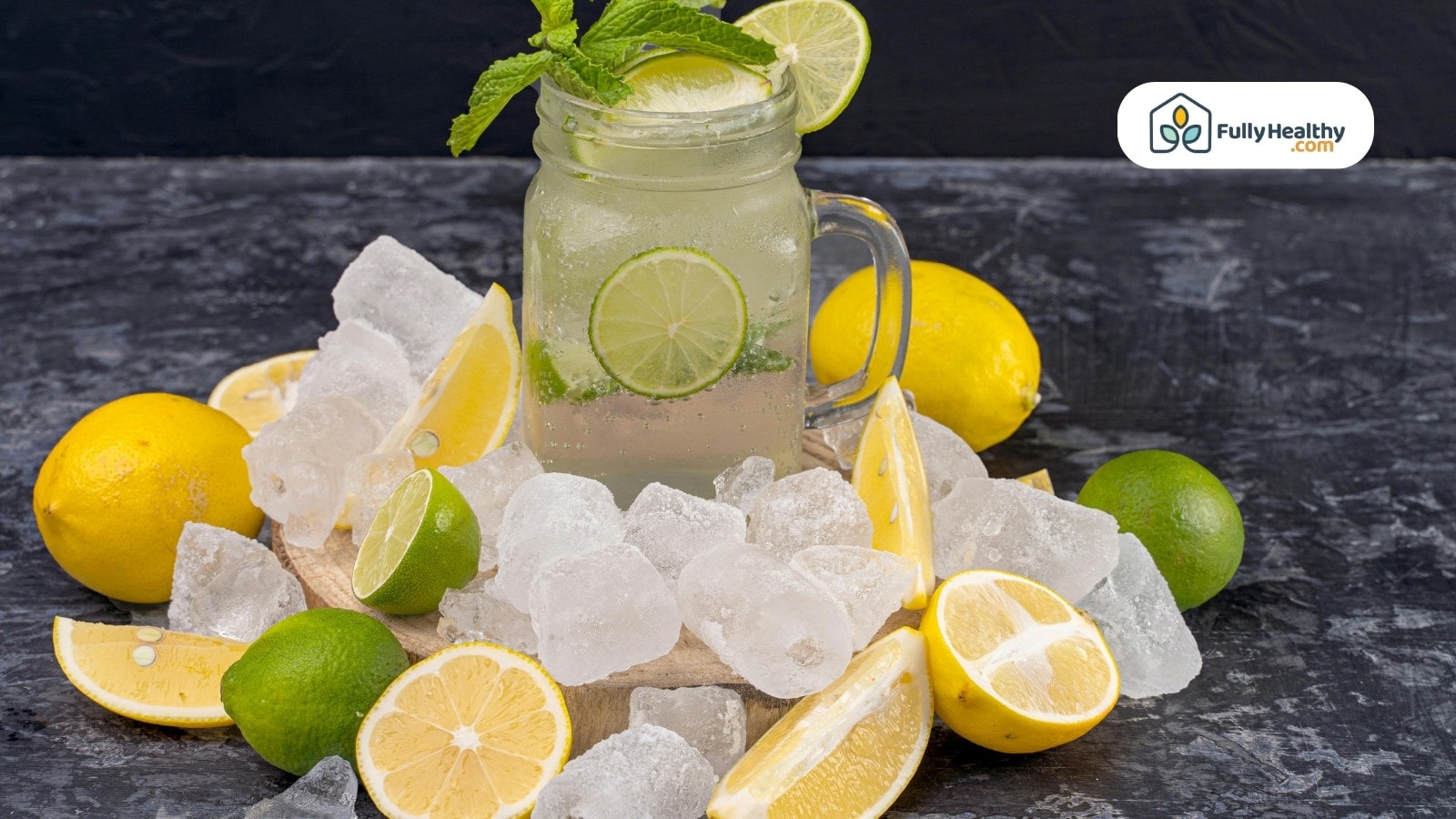 Lemon lime drink in jar surrounded by ice and citrus slices