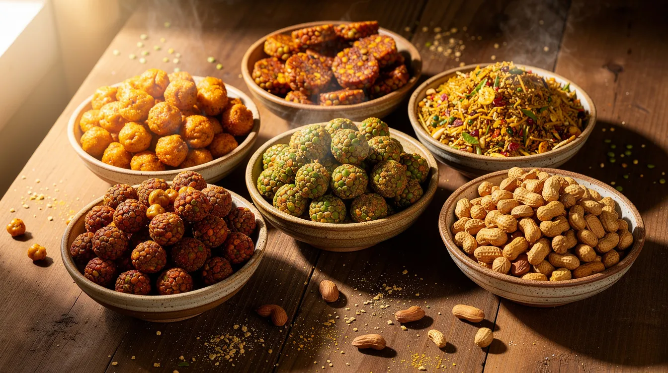 The image features a variety of roasted and fried pulse-based snacks arranged in colorful ceramic bowls on a rustic wooden table, showcasing the diverse offerings in the pulse processing sector. These nutritious food products highlight the rising consumer demand for plant-based dietary patterns and functional foods.