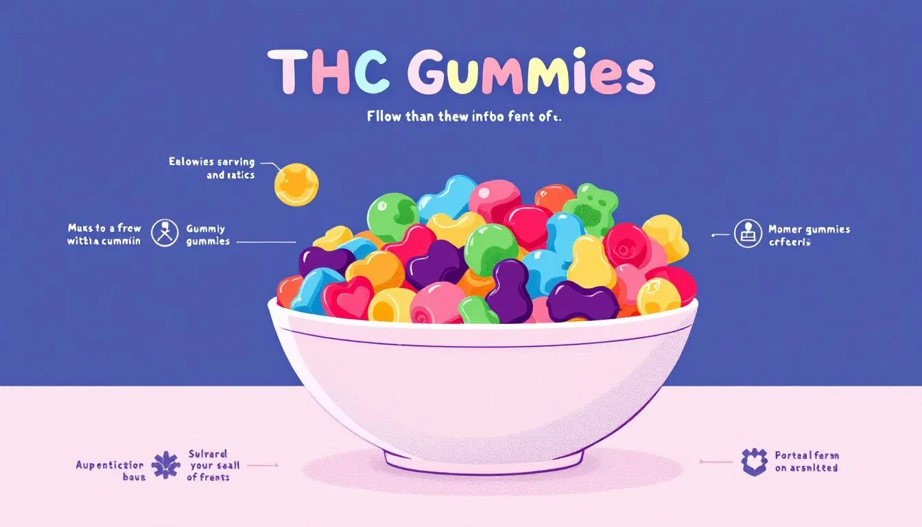 A variety of colorful THC gummies displayed in a bowl.