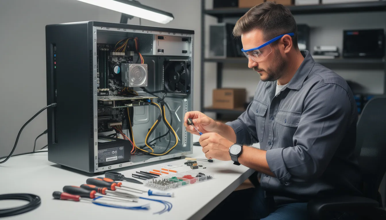 A computer repair technician is focused on fixing hardware issues inside an open desktop case, surrounded by tools and equipment. This image represents the dedicated support and troubleshooting services offered to customers experiencing various computer problems.