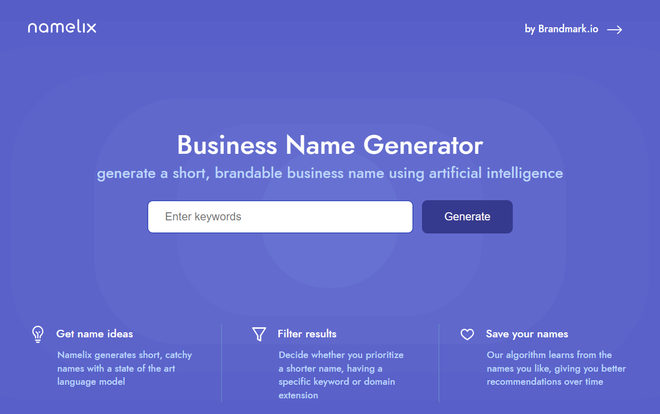 Namelix business name generator homepage.