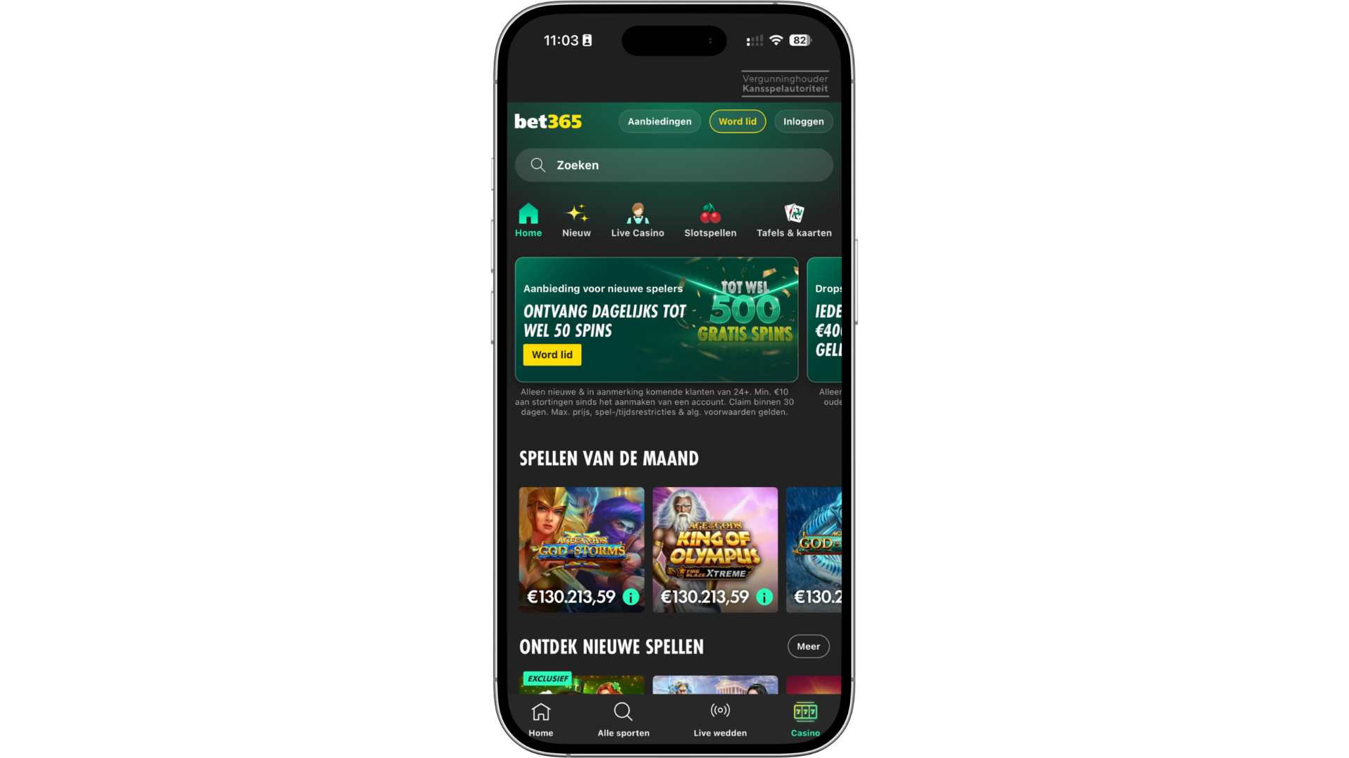Scherm van de bet365 casino app op smartphone, voorbeeld van een legale online casino app in Nederland met slots, live casino spellen en exclusieve bonussen, beschikbaar als mobiele casino app voor iOS en Android gebruikers.