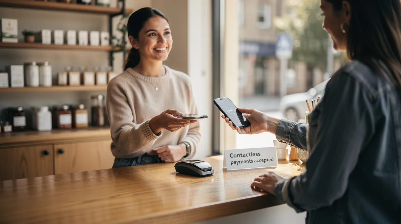 A small business owner is seen accepting a digital payment from a customer at the shop counter, showcasing the modern trend of cashless transactions. This interaction highlights the importance of financial assistance options such as mudra loans for micro enterprises, enabling them to expand their operations and improve cash flow.