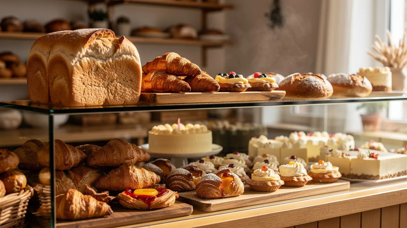 a289ba71 8024 40fc a064 bb905c45682a A glass bakery counter showcases an array of fresh bread loaves, delicious pastries, and beautifully decorated cakes, highlighting the charm of a retail business in the food and beverage industry. This inviting display could inspire aspiring small business owners looking for profitable retail business ideas.