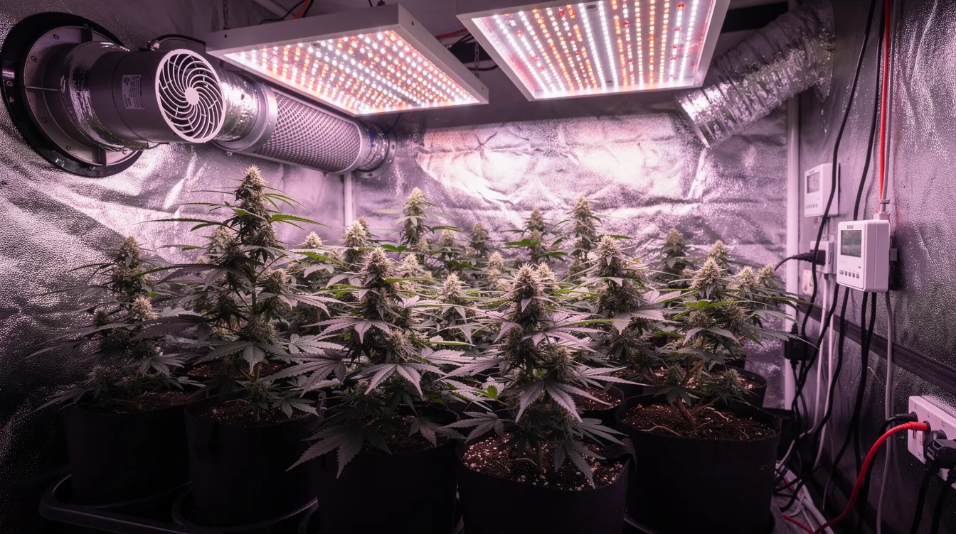 The image shows LED grow lights brightly illuminating healthy cannabis plants inside a grow tent, with visible ventilation equipment ensuring fresh air circulation. The plants are at various stages of growth, showcasing the indoor growing environment conducive to thriving cannabis cultivation.