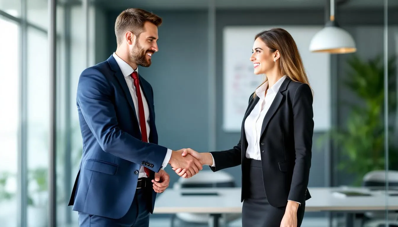 In a modern office setting, two professionals are engaged in a firm handshake, symbolizing the deal-making culture prevalent in investment banking and private equity. This image represents the collaborative efforts of investment bankers and private equity associates in facilitating complex financial transactions and raising capital for private companies.