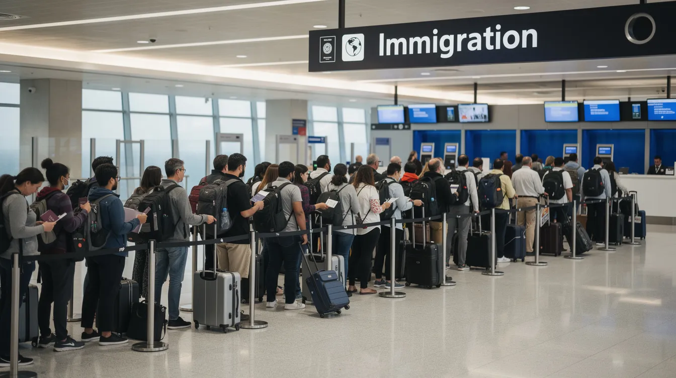 The image depicts a long queue of diverse travellers, including South African passport holders, waiting at an airport immigration checkpoint, highlighting the hustle of international travel as they prepare for arrival in various destinations around the world. The scene captures the anticipation and convenience of exploring new countries, such as South Korea and Japan, as they navigate through the immigration process.