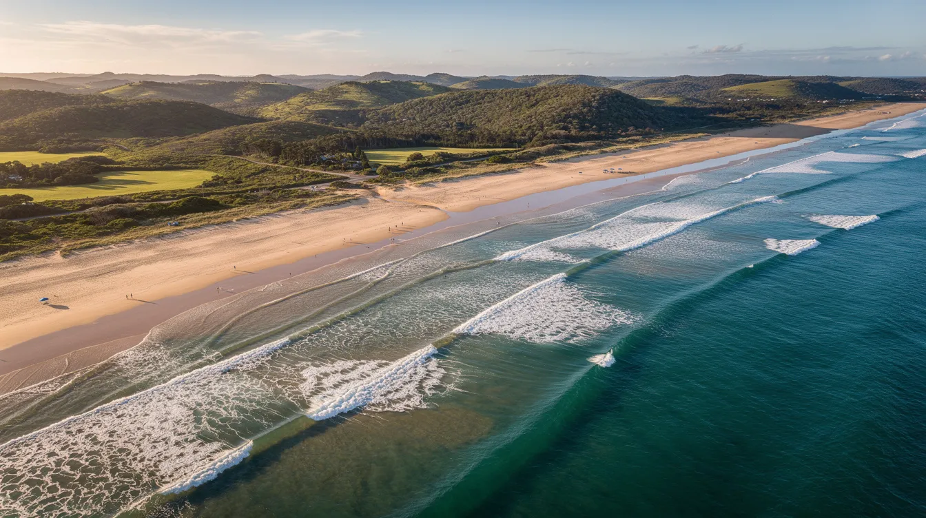 An aerial view showcases a stunning golden beach with turquoise waves gently lapping at the shore, bordered by lush green hinterland in the background. This coastal setting exemplifies the natural beauty and laid-back lifestyle that many seek when considering the best cities to live in Australia, particularly along the beautiful east coast.