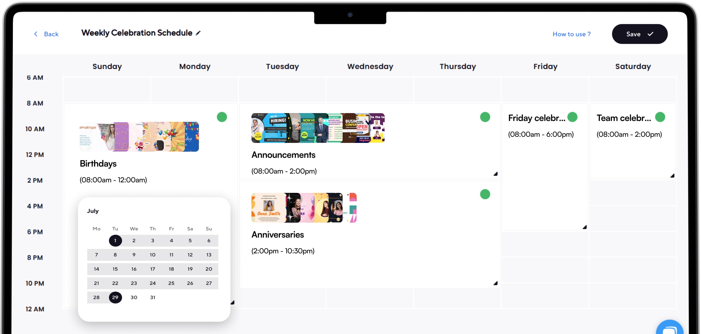 schedule or make it live on the screen 