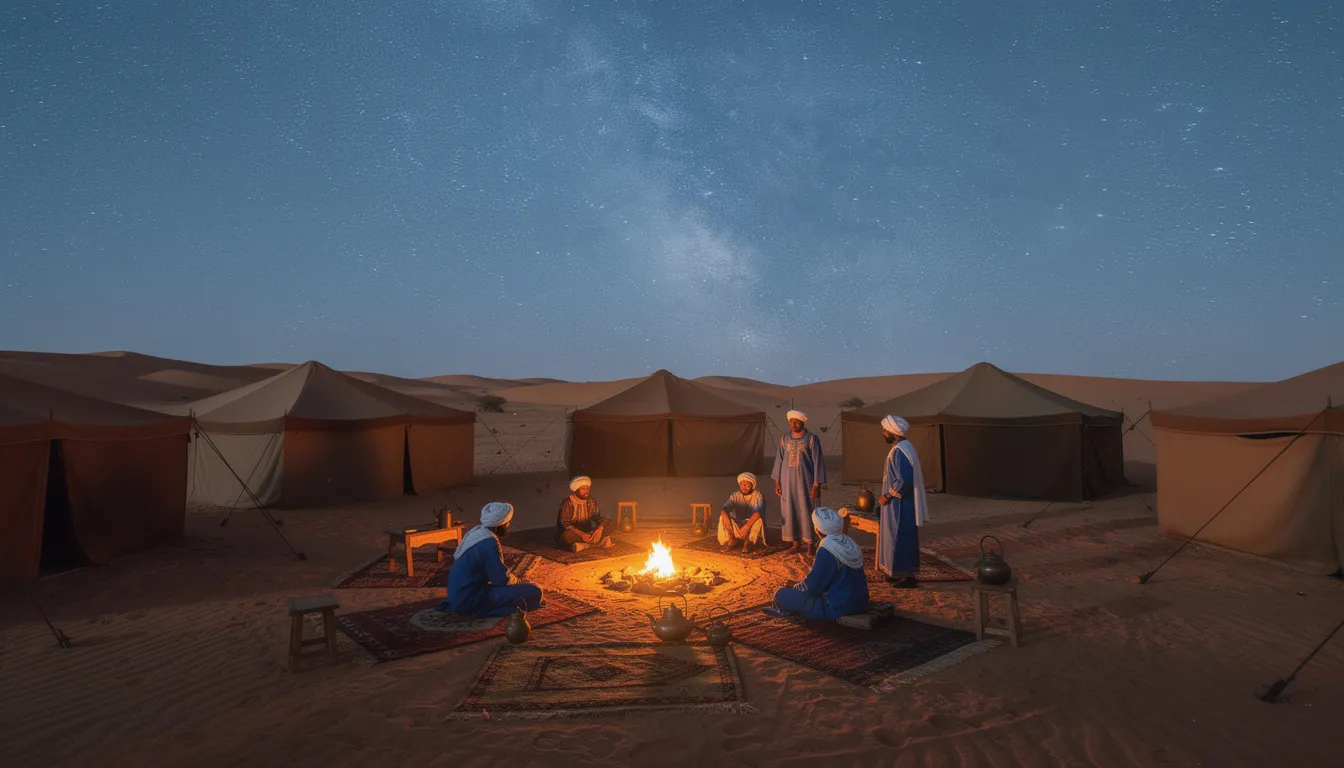 A traditional Berber tent camp is set in the Sahara desert, illuminated by a breathtaking star-filled night sky. This scene captures the essence of an unforgettable journey in authentic Morocco, where travelers can experience local culture and enjoy the tranquility of the desert.