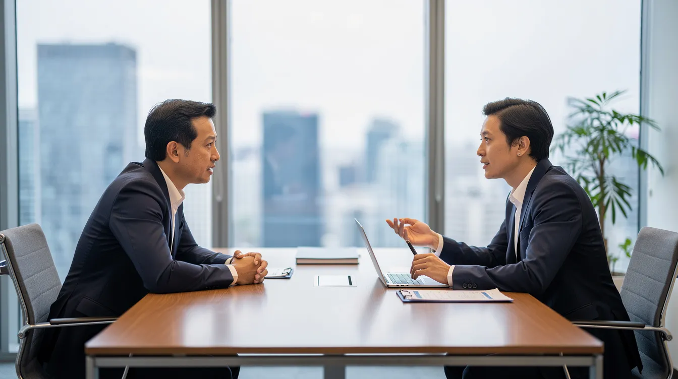 The image shows two professionals engaged in a focused conversation across a desk in a meeting room, highlighting their commitment to effective communication and negotiation skills. This setting reflects their dedication to business growth and leadership, as they discuss challenges and opportunities for progress.