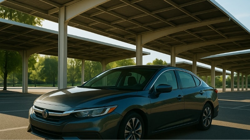 A car is parked under the shed for UV protection