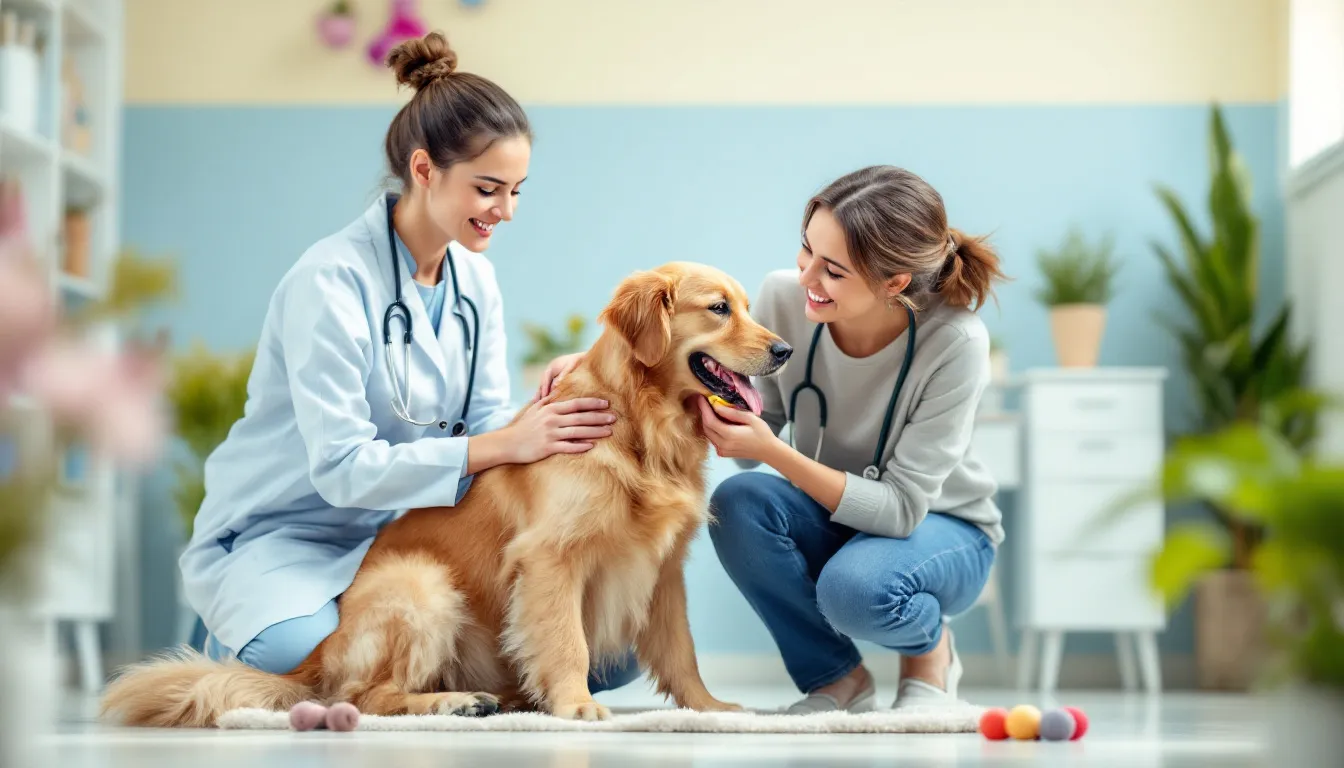 A veterinarian using positive reinforcement with a dog to create a stress free veterinary visit.