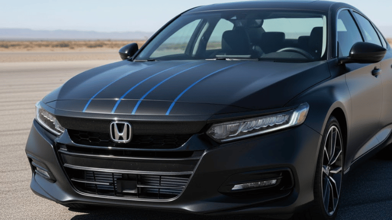 a matte Honda Accord with racing stripes on the hood