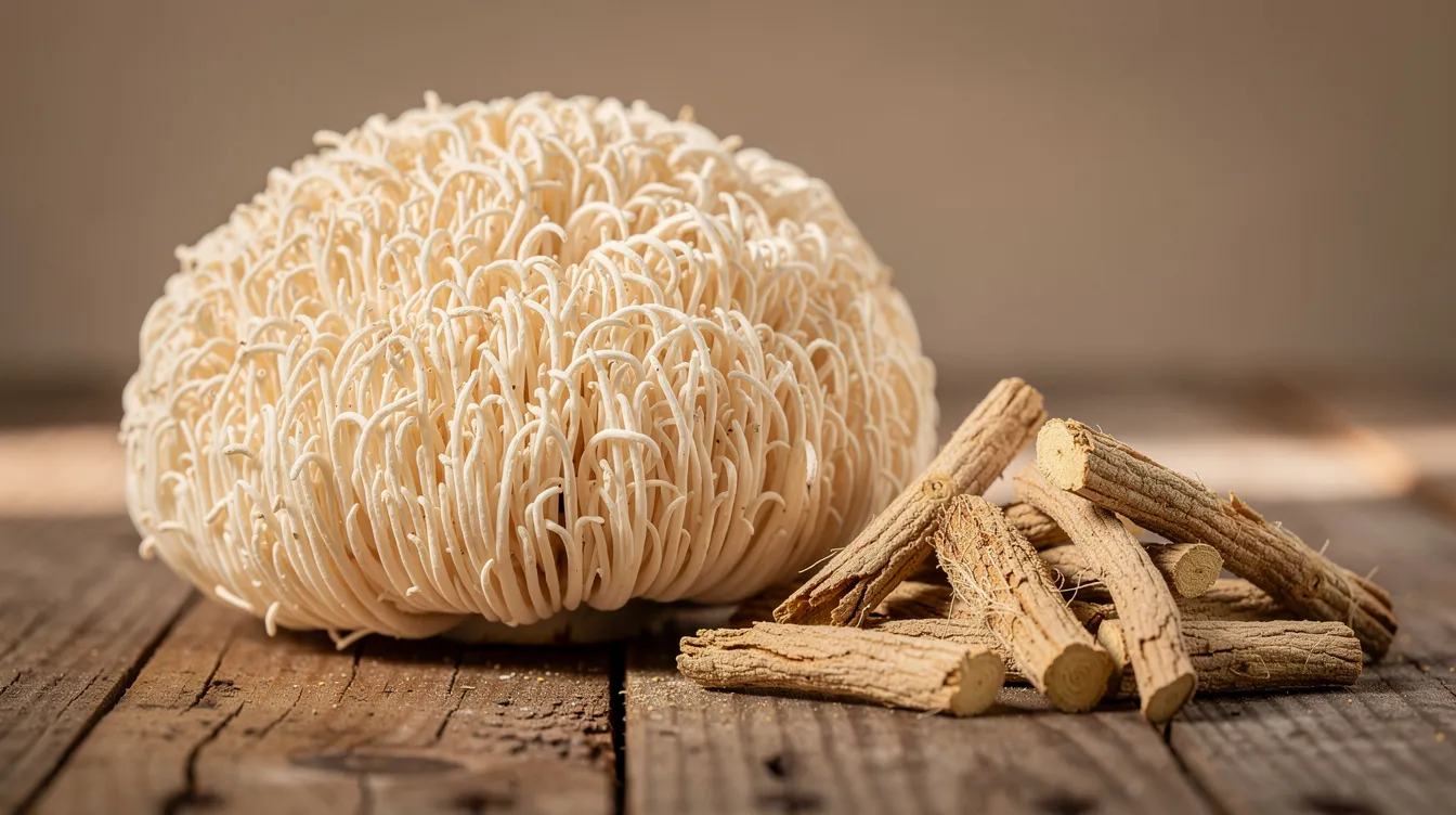 The image shows a whole lion's mane mushroom beside dried pieces of ashwagandha root on a wooden surface, highlighting the natural ingredients often used in dietary supplements for cognitive support and stress management. Both lion's mane and ashwagandha are recognized for their potential health benefits, including improved cognitive function and stress resilience.