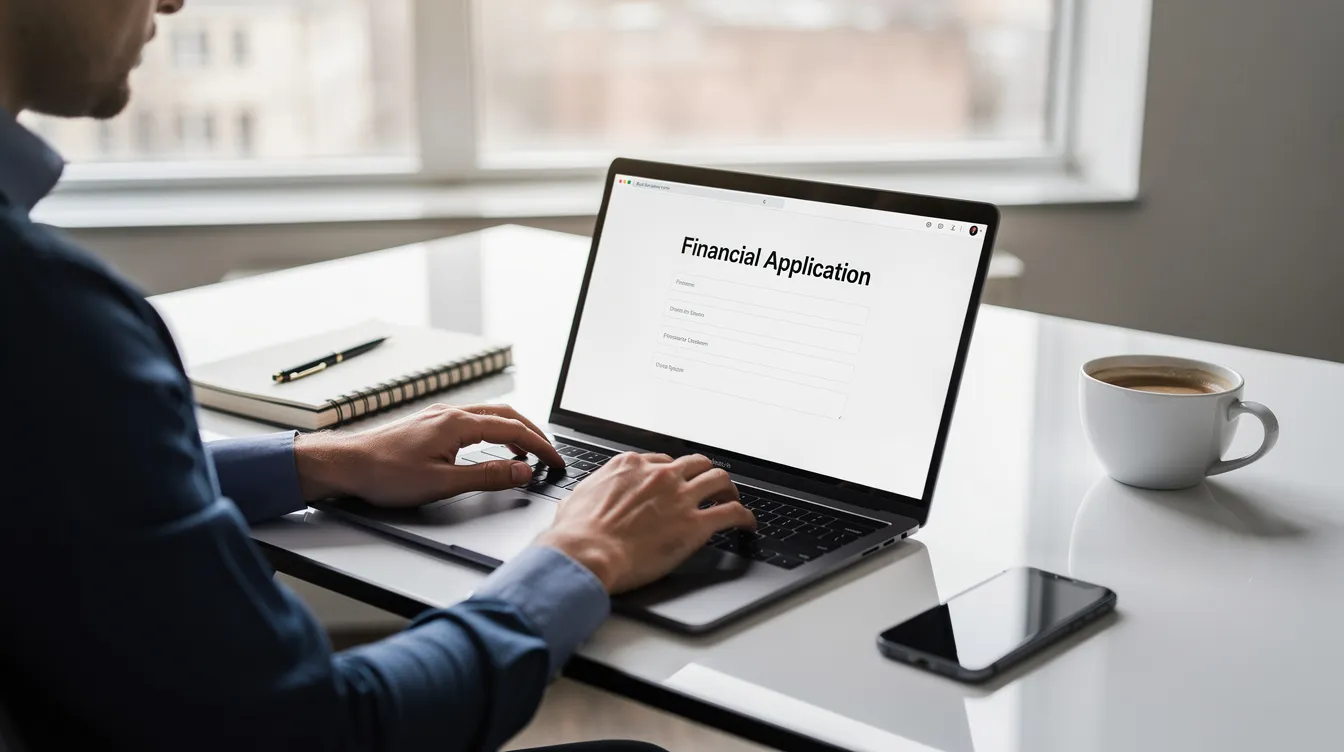 A person is seated at a modern office desk, focused on filling out an online financial application form using a laptop. The setting suggests a professional environment, ideal for applying for 中小企業貸款 or other financing options.