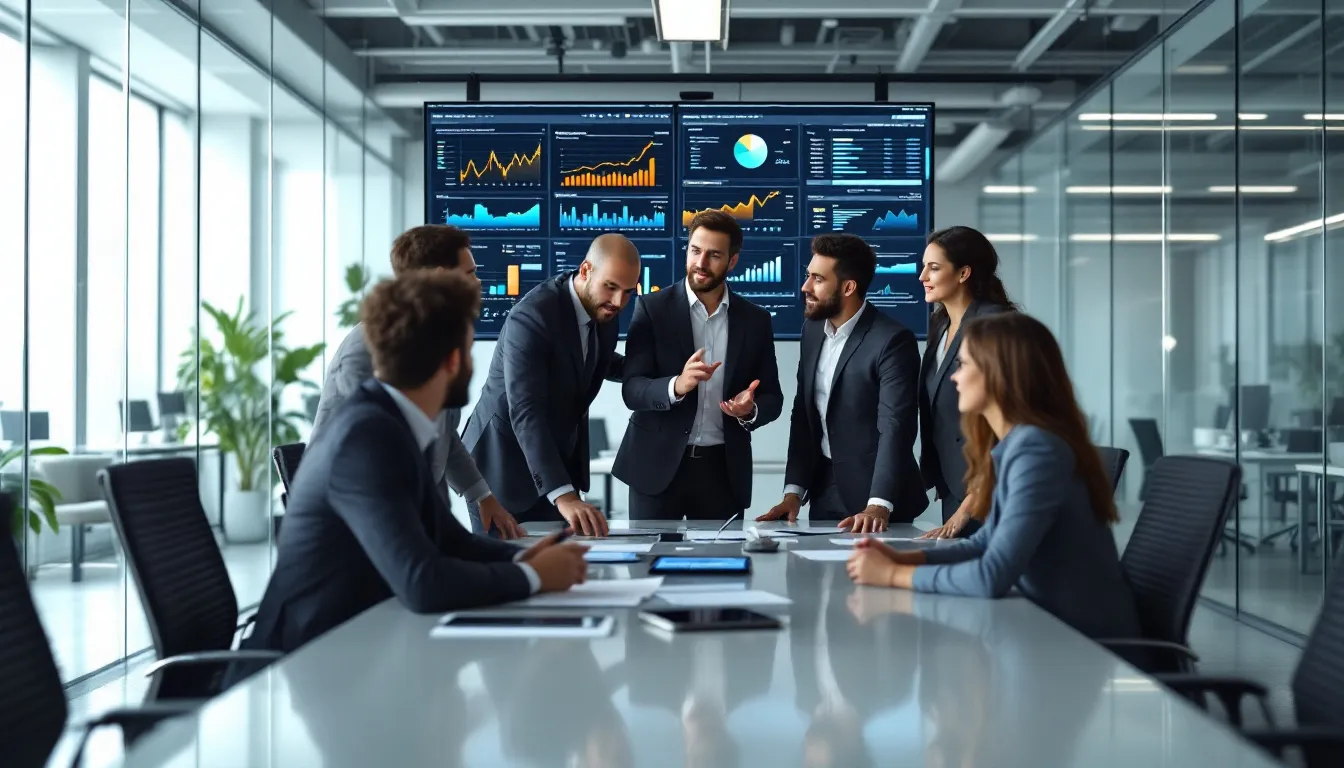 An image depicting a team of professionals from a leading PPC agency collaborating on a digital marketing strategy, surrounded by charts and graphs illustrating successful PPC campaigns and ad performance metrics. The scene conveys a focus on data-driven insights and meticulous campaign management to achieve measurable business growth for their clients.